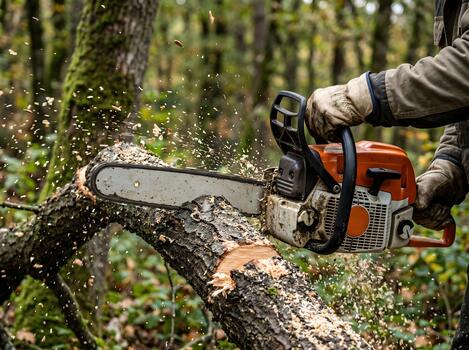Crew member cutting a tree branch with a chainsaw, wood chips flying
